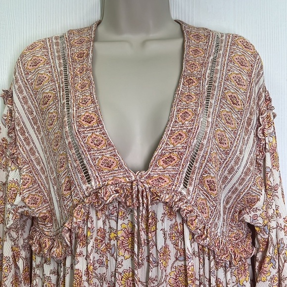 Free People - Moonlight Dance Floral V Neck Boho 3/4 Sleeve Blouse Size Small - Picture 7 of 12
